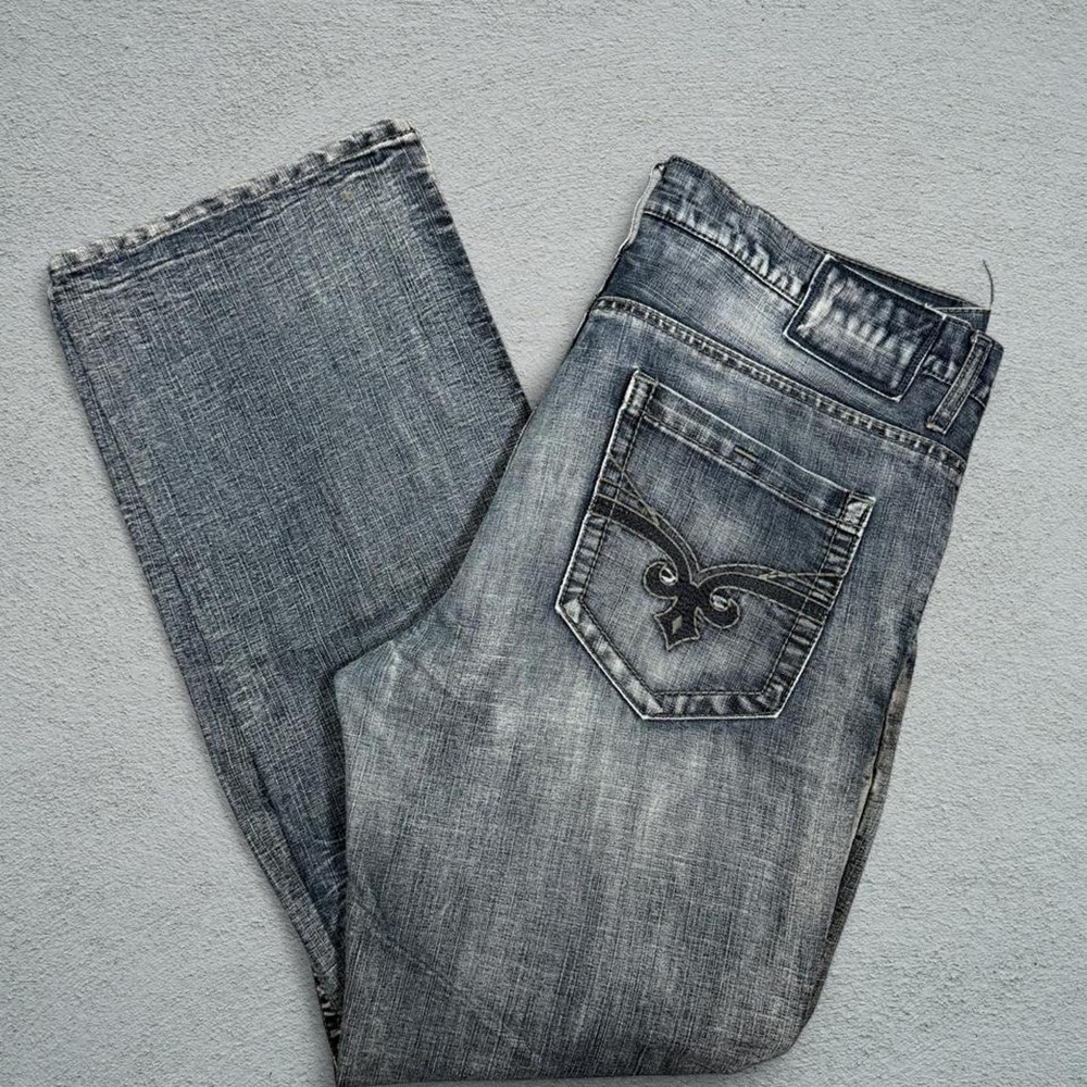 Helix Mens Slim Boot Blue Faded Jeans Fleur-de-Lis Embroidered Y2K 38x33